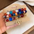 Vintage ethnic multi-layered colorful beaded bracelet set with Tree of Life charm - Tree of Life / Three-Piece Set / Blue-Red