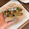 Retro ethnic style beaded bracelet set with tree of life charm and wooden beads - Tree of Life / Three-Piece Set / Green-Yellow