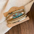 Ensemble de 6 bracelets bohèmes avec pierres turquoises et breloque plume - Plusieurs Pièces / Argent-Bleu-Café
