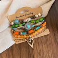 Vintage 6-piece bohemian beaded bracelet set with irregular wood and coconut shell beads - 6 pieces / Silver-Blue-Coffee-Green