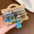 Boho vintage beaded bracelet set with irregular wood beads and heart charm tassel - Heart / Four-Piece Set / Gold-Sky Blue