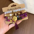 Bohemian vintage ethnic 4-piece beaded bracelet set with purple tassel and heart charm - Wing / Four-Piece Set / Gold-Purple