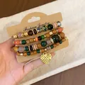 Retro ethnic style multi-layer beaded bracelet set with engraved heart charm - Heart / Four-Piece Set / Gold-Multicolor