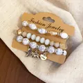 Vintage ethnic style beaded bracelet set with marbled beads and elephant heart charms - Three-Piece Set / Silver-White