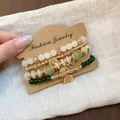 Vintage ethnic style beaded bracelet set with gold leaf charms and green glass beads - Leaf / Four-Piece Set / Gold-Green