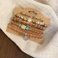 Bohemian retro ethnic beaded bracelet set with wood and clay beads in earth tones - Leaf / Four-Piece Set / Silver-Light Brown