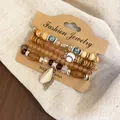 Retro ethnic style beaded bracelet set featuring natural wood beads and a shell charm - Shell / Four-Piece Set / Silver-Light Pink