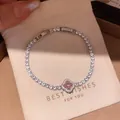 Elegant silver zircon tennis bracelet with pink floral charm, French luxury style SKU - Square Gem Flower Style (1#) / Silver-Pink
