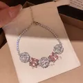 Elegant silver rose bracelet featuring square pink cubic zirconia stones in a gift pouch - Rose Square Gem Style (7#)