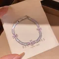 Elegant zircon tennis bracelet featuring pink heart-shaped stone flowers and secure clasp - Rectangular Row Pink Flower (10#)