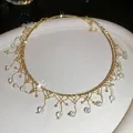 Elegant gold crystal tassel choker necklace with delicate lace fringe and drop beads jewelry - Gold White Choker