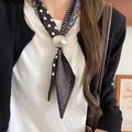 Vintage paisley and polka dot silk scarf necklace with sleek silver metal slider buckle - Black Paisley