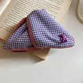 Vintage purple gingham fabric hair clip featuring a cute purple teddy bear charm - French Retro Plaid Bear Claw Clip / Purple