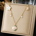 Gold-plated stainless steel necklace with white enamel floral and geometric charms - Pastoral Floral Enamel Round Pendant Colorblock (N4565)