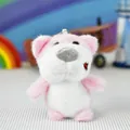 Close-up view of a cute pink and white plush dog keychain with embroidered heart detail. - White Lanyard Style / 12cm High / Big Nose Dog - Short Ear White Pink