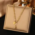 Elegant gold-plated stainless steel necklace with calabash pendant and lucky charm tag - Lucky Gourd Style (H1513) / Gold