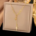 Elegante collar de acero inoxidable dorado con colgantes de estrella y cruz en caja - Estilo de Estrella de Cruz (H1540) / Dorado