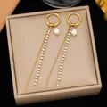 Elegantes pendientes de borla de acero inoxidable dorado con perlas y diamantes - Estilo de Borla de Cadena de Strass de Perla (G3510) / Dorado