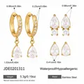 Gold-tone stainless steel earring set with clear zircon stones and teardrop pendants - Simple Water Drop Zirconia Earring Set (JDE0201311) / Gold