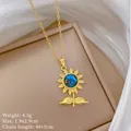 Detail view of golden sunflower pendant necklace featuring a blue starry stone centerpiece - 向日葵星空款式(F150) / 1 Piece / Gold