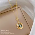Gold titanium steel necklace with star stone pendant and moon details on display box. - Moon and Stars Combination Style (F151) / 1 Piece / Gold