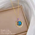 Detail of titanium steel necklace featuring starry stone pendant with crystal moon and butterfly - Butterfly Crescent Style (H243) / 1 Piece / Gold