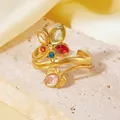 Detailed view of 18K PVD plated golden flower ring set with colorful vibrant crystals - Multi-Color Gemstone Double Layer Flower Ring (A710 Gold Pink Flower Ring) / One Size (A710) / Gold
