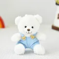 Primo piano di un orsetto di peluche bianco con salopette di velluto blu e bottoni - Orsetto Bianco con Salopette Celeste