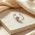 Minimalist silver titanium steel open ring with exquisite 3D camellia flower motif - Single Camellia Ring (Silver)
