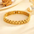 Detailed shot of gold-plated stainless steel President link bracelet with fold-over clasp - Fish Scale Bracelet (G806) / 10mm Width / Gold