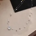 Exquisites Detail einer zweilagigen Halskette mit weißen Perlen und Kristallanhänger - 11# Halskette Doppelte Unsichtbare Perle