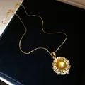 Elegante vergoldete Halskette im französischen Stil mit einem goldenen Perlenanhänger - 57# Halskette Scheiben-Perlenanhänger