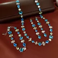 Luxus Schmuckset mit blauem und grünem geometrischem Zirkon Halskette, Armband, Ohrringe - Halskette Armband Ohrring 3er Set / Silber-Blau-Grün
