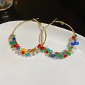 Elegant Korean style colorful beaded gold hoop earrings for women with faceted crystal details - Wrapped Crystal Artificial Pearl Hoop (34#) / Large (Silver Earring Post Style) / Colorful