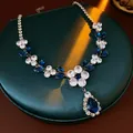 Elegant French court style necklace featuring blue zircon teardrop pendant and flower motifs - Court Style Water Drop Necklace (10#) / Silver-Blue-Water Drop