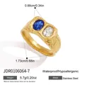 Hammered gold-plated stainless steel ring featuring blue and white oval zircon stones - Size 7 / Blue and White Gemstone Hammered Style (JDR0106064) / Inner Diameter 1.73cm