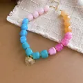 Vintage colorful resin beaded necklace with gold heart sunburst pendant for women - Blue Pink Coffee Necklace
