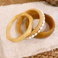 Minimalist 3-piece resin and wooden beaded bracelet set in stylish amber and cream tones - Three-Piece Set / Khaki