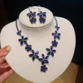 Prachtige sieradenset met donkerblauwe zirconia bloemenketting en oorbellen detailweergave - Paarse Florale Zirconia Ketting & Oorhaak Set (73#) / Zilver-Paars