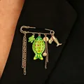 Elegant gold ocean theme brooch with green enamel fish and turtle charms for beach vacations - Ocean Style Fish Safety Pin (9262) / Colorful