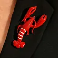 Vibrant red lobster brooch accessory with a high glossy finish pinned on a black lapel - Striped Large Lobster (5360)