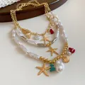 Böhmische mehrlagige Acrylperlenkette mit goldenen Seesternen und Muschelanhängern - Dreilagiger Meeresstil Seestern-Anhänger-Stil(61#) / Gold-Weiß