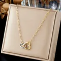 Elegant gold and silver dual intertwined heart pendant necklace with paperclip chain link - Contrast Double Heart Paperclip Chain Choker (N4576)
