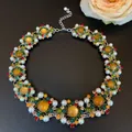Exquisite colorful floral statement necklace featuring pearls and amber cabochon stones - 52# Necklace-Colorful Floral Amber Gemstone Style / Gold Brown