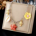 Close-up of handmade beaded necklace with starfish, shell, and flower charms - Vacation Style Multi Marine Elements Beaded Choker (N4570)