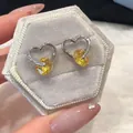 Detaillierte Nahaufnahme von herzförmigen Silberohrringen mit gelben Zirkonsteinen - Hohlherz Krallenfassung Oval Gelb Strass Ohrstecker (Stil 20)