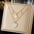 Elegant double-layered gold-plated necklace with clover and light blue heart pendant - Light Blue GOODLUCK Heart Clover Layered Chain (N4563)