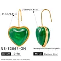Detailed view of green resin heart earrings with size measurements in stainless steel. - 18K Gold / Green Style (NB-E2064-GN)