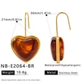 Amber resin heart drop earrings in 18k gold plated stainless steel metal - 18K Gold / Amber Style (NB-E2064-BR)