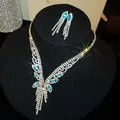 Detail van de luxe blauwe zirkoon kwastje ketting en bijpassende oorbellen sieradenset - Ketting En Oorbellen (30#) / 2-delige set / Zilver-Blauw